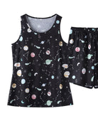 NEWYORKLISTED Intimate Apparel: Black tank top and shorts set with space-themed print on a white background