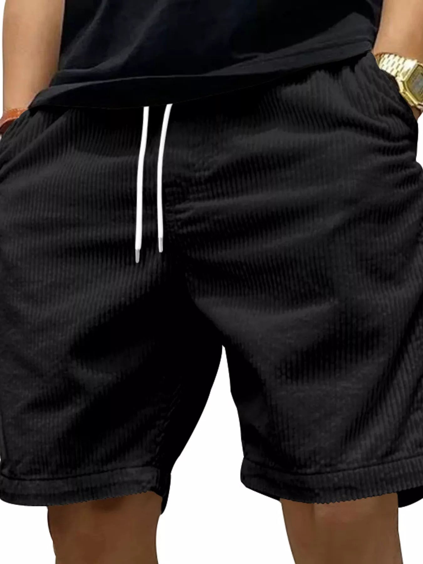 NEWYORKLISTED ATLAS MEN'S COLLECTION: Black shorts with white drawstring on a plain background