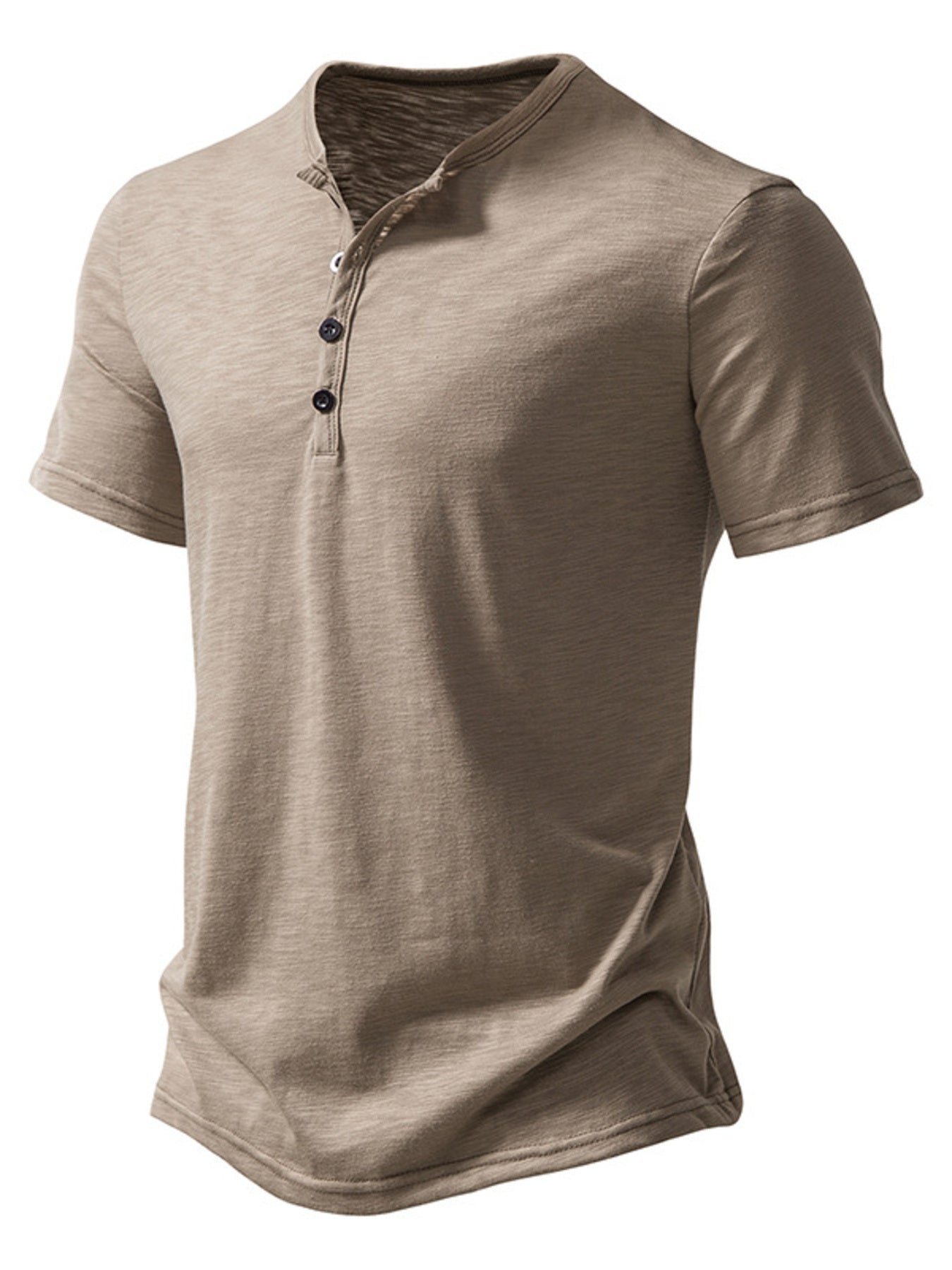 NEWYORKLISTED ATLAS MEN'S COLLECTION: Beige short-sleeve henley shirt on a white background