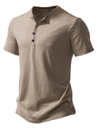 NEWYORKLISTED ATLAS MEN'S COLLECTION: Beige short-sleeve henley shirt on a white background