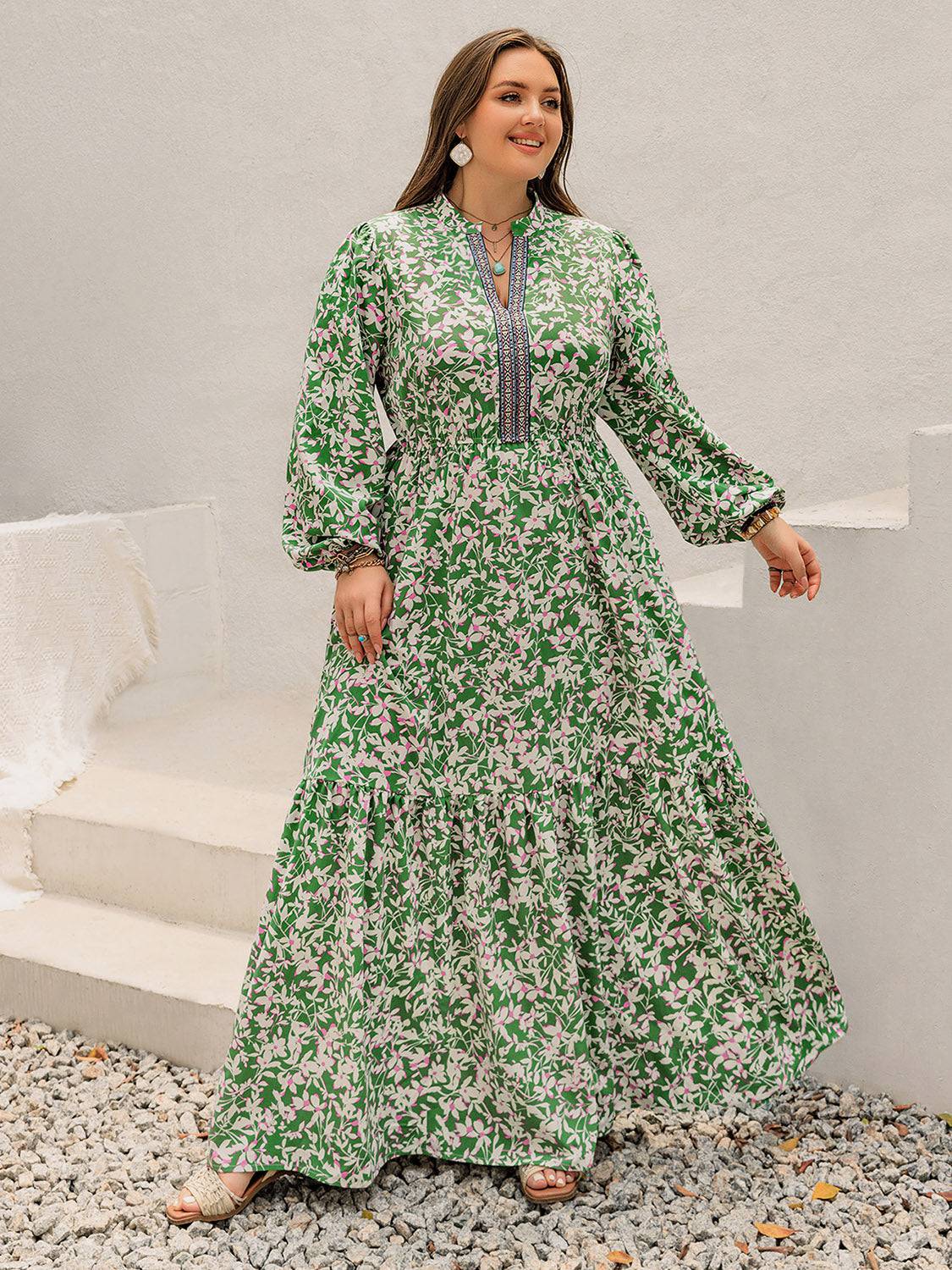 Plus Size Printed Notched Long Sleeve Maxi Dress - NEWYORKLISTED