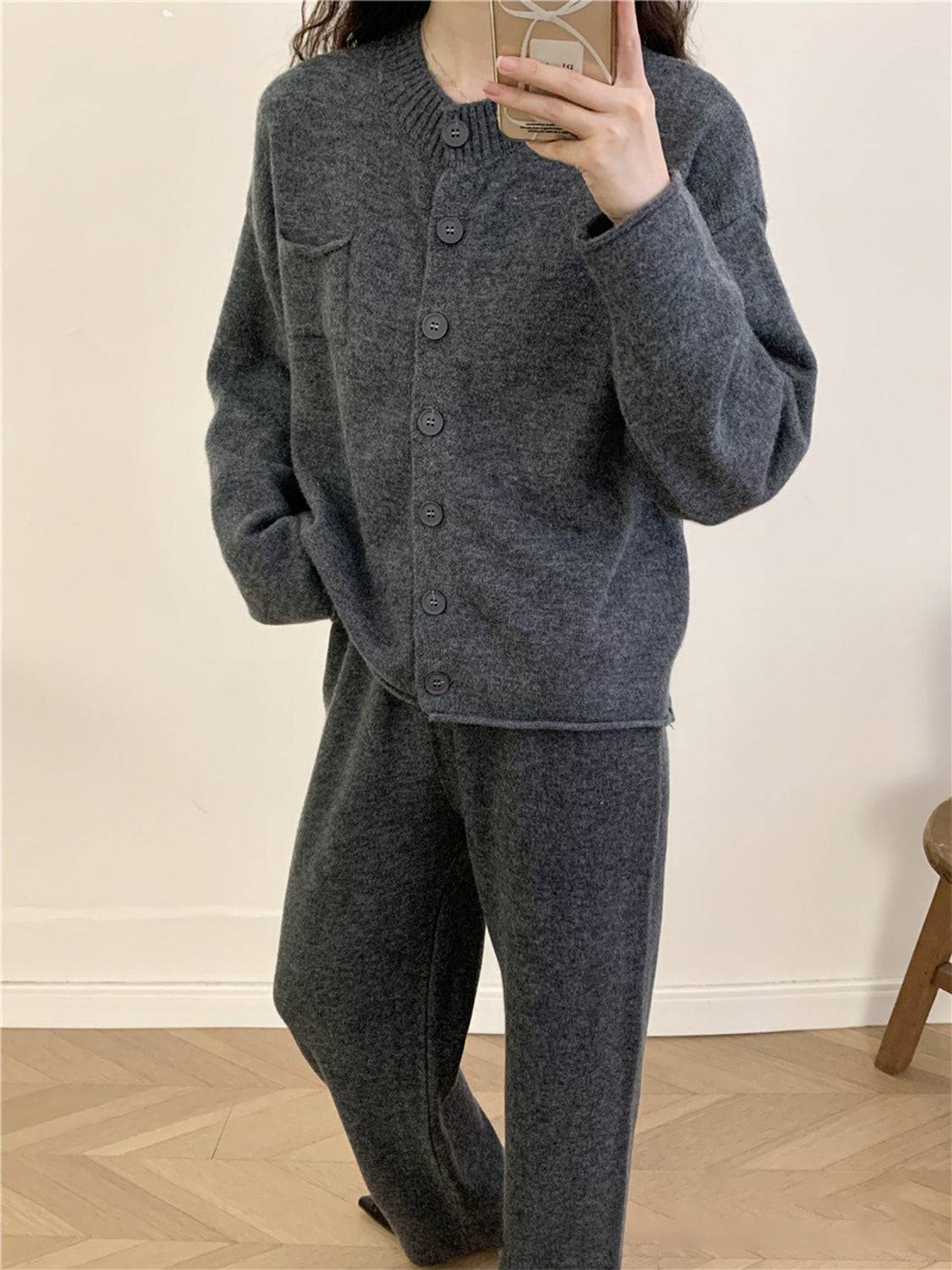 NEWYORKLISTED STYLE COLLECTION: Pocketed Round Neck Button Up Cardigan and Pants Sweater Set - NEWYORKLISTED