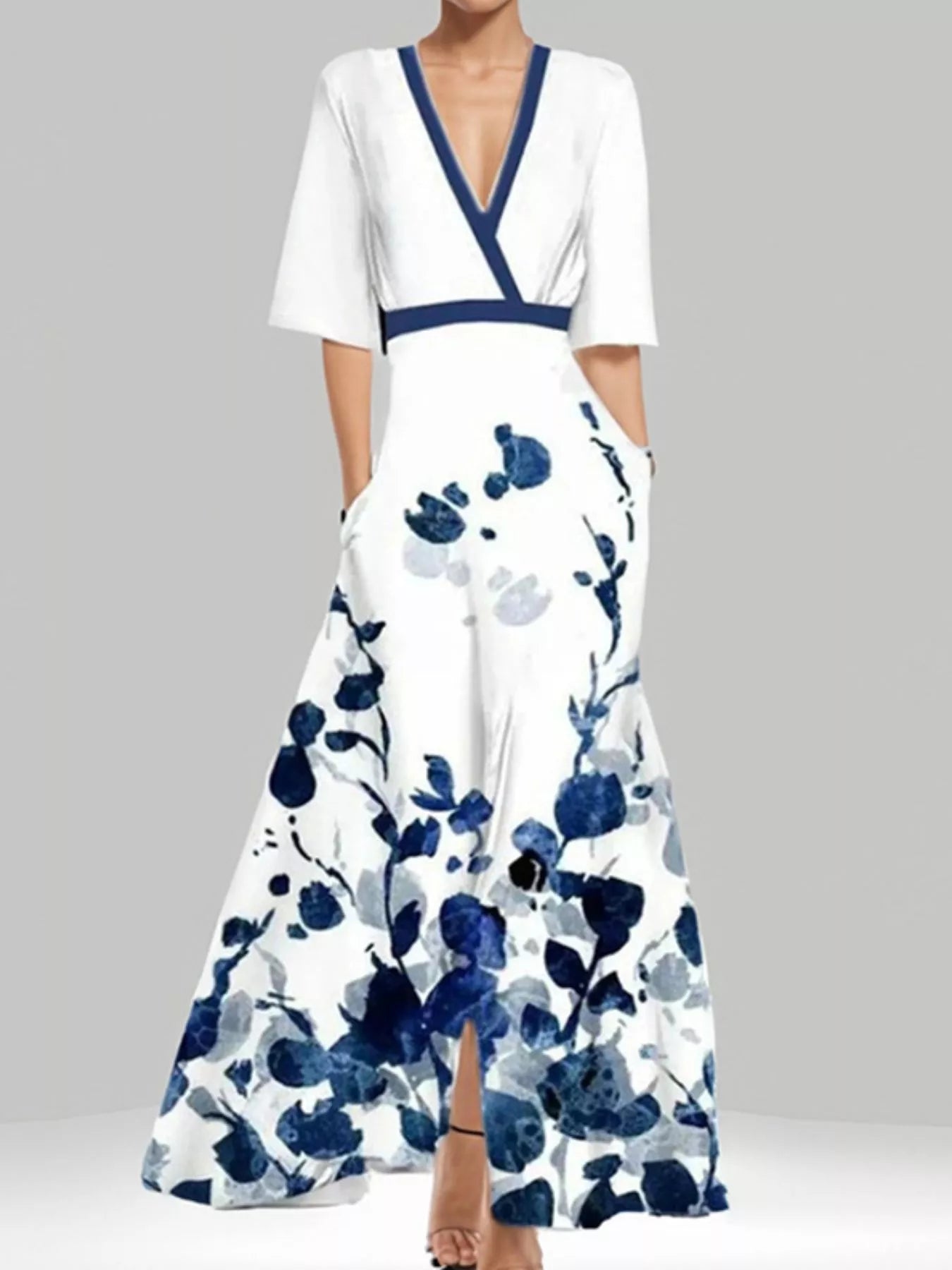 NEWYORKLISTED STYLE COLLECTION: White dress with blue floral pattern on a gray background