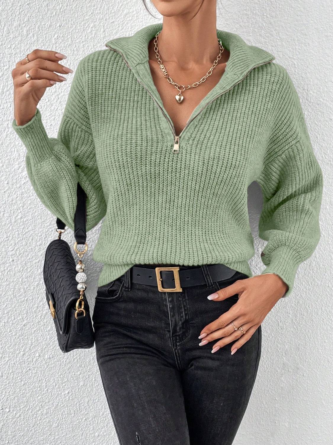 Honey Half Zip Dropped Shoulder Sweater - NEWYORKLISTED