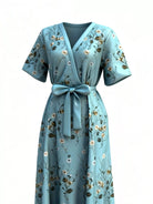 NEWYORKLISTED STYLE COLLECTION: Light blue floral-patterned dress with a belt on a white background
