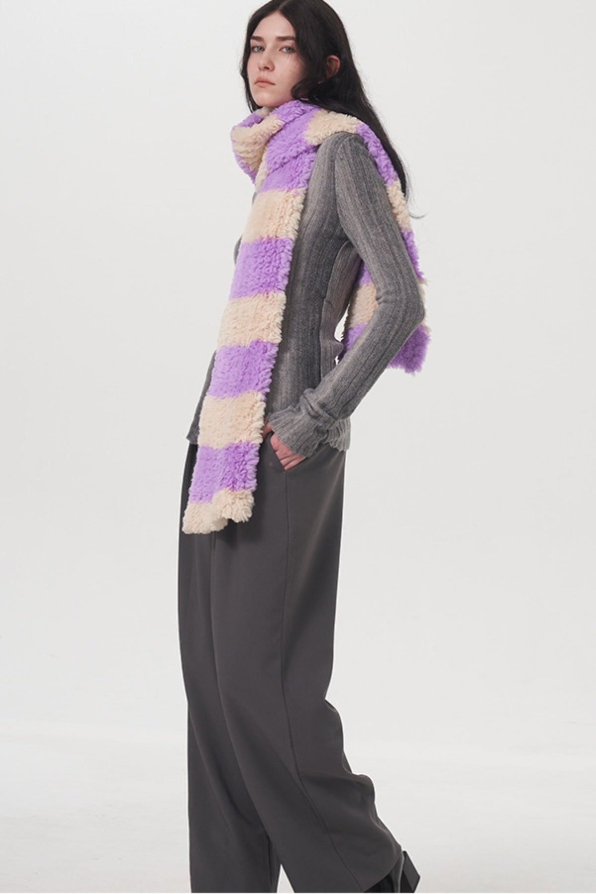 Fuzzy Contrast Striped Scarf - NEWYORKLISTED