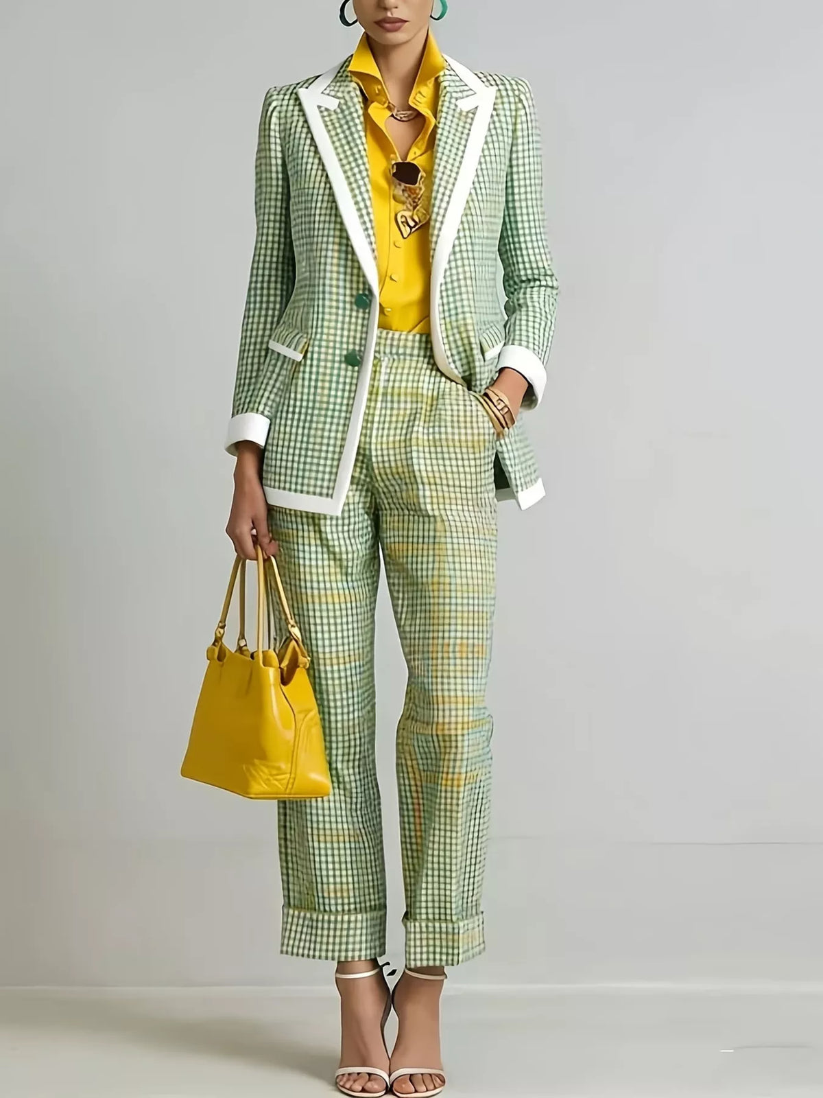 NEWYORKLISTED STYLE COLLECTION: A model wears a green and white checkered blazer and matching cropped trousers with white piping, styled with a yellow shirt, a yellow handbag, and yellow high-heeled sandals against a light gray studio background.