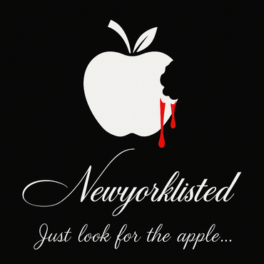 NEWYORKLISTED HAPPY HALLOWEEN vampire themed logo, bloody bite out of apple.