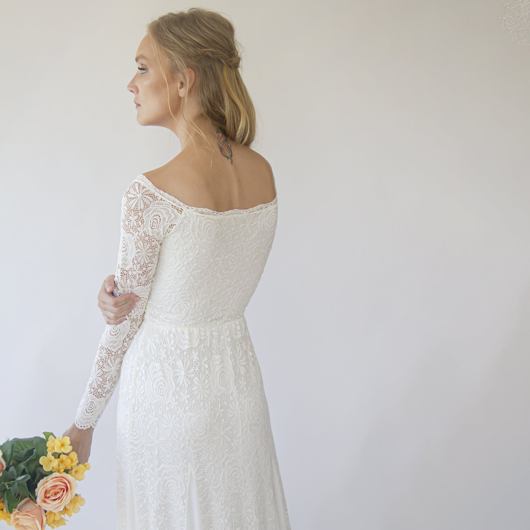 Ivory Off Shoulder Wrap Long Sleeves ,Mermaid Wedding Dress #1280 - NEWYORKLISTED