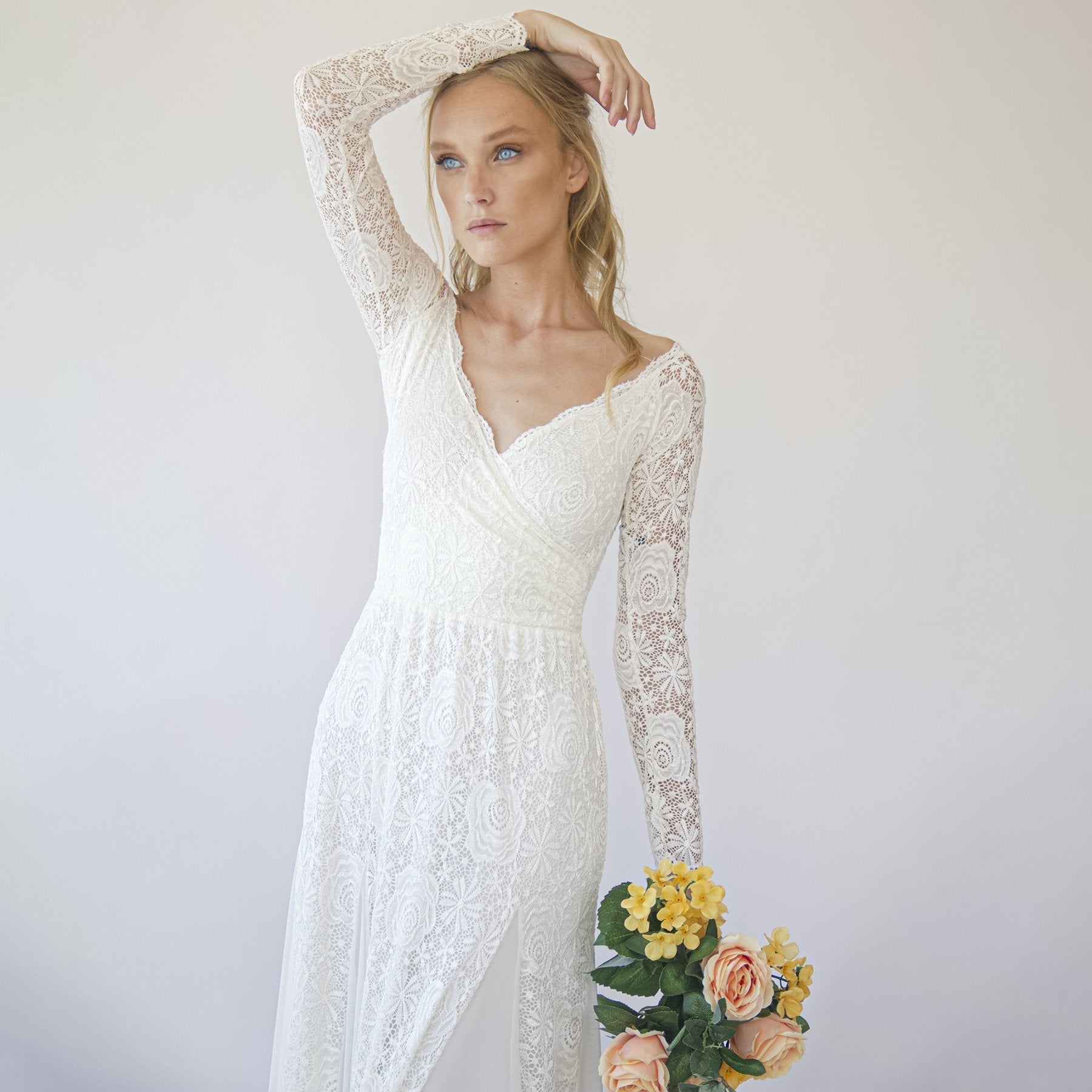 Ivory Off Shoulder Wrap Long Sleeves ,Mermaid Wedding Dress #1280 - NEWYORKLISTED