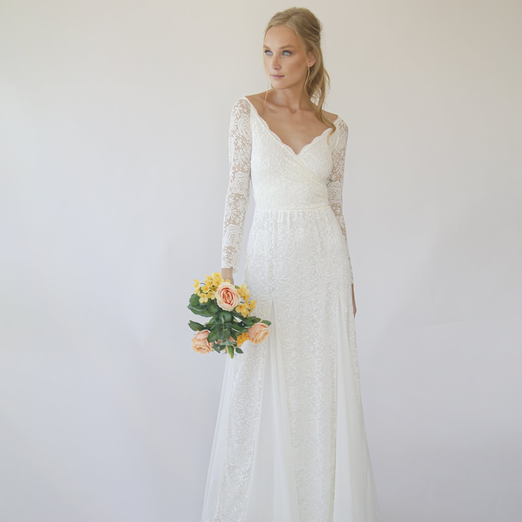 Ivory Off Shoulder Wrap Long Sleeves ,Mermaid Wedding Dress #1280 - NEWYORKLISTED