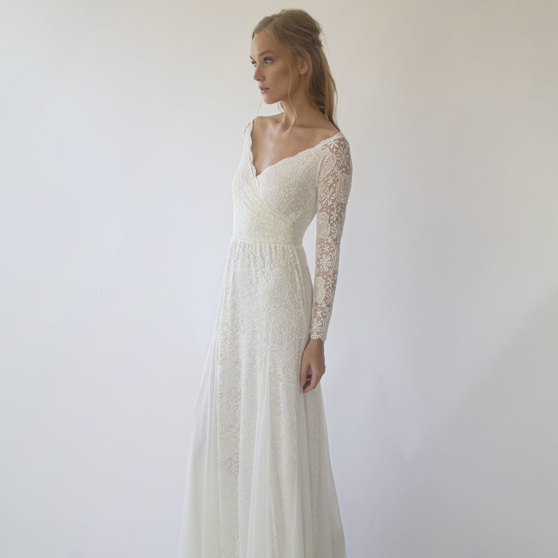 Ivory Off Shoulder Wrap Long Sleeves ,Mermaid Wedding Dress #1280 - NEWYORKLISTED