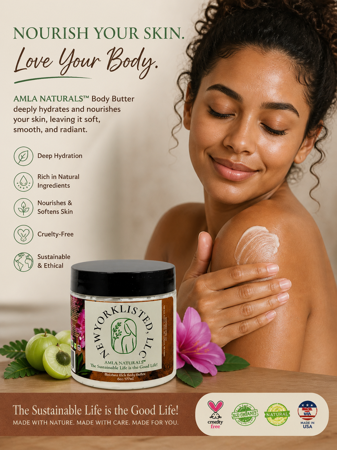 AMLA NATURALS Moisture Rich Body Butter 6 oz luxury organic moisturizer by NEWYORKLISTED.COM, model is shown using body butter 