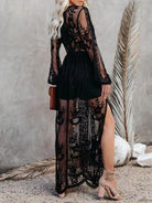NEWYORKLISTED STYLE COLLECTION: Woman wearing a black lace dress with sheer panels against a neutral background