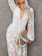 NEWYORKLISTED STYLE COLLECTION: Woman wearing a white lace dress against a gray background