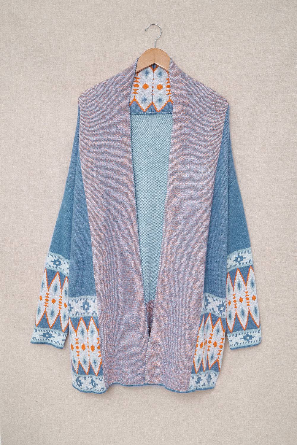 Geometric Open Front Long Sleeve Cardigan - NEWYORKLISTED