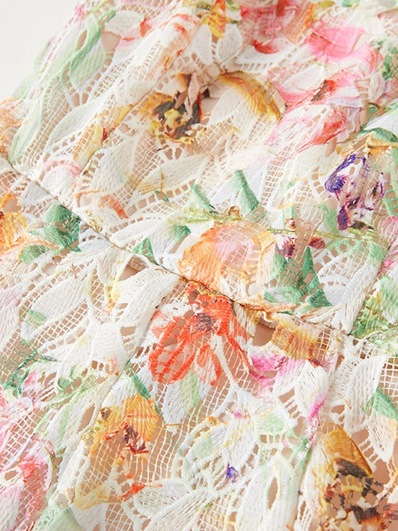 NEWYORKLISTED STYLE COLLECTION: Close-up of floral lace fabric with colorful flowers.