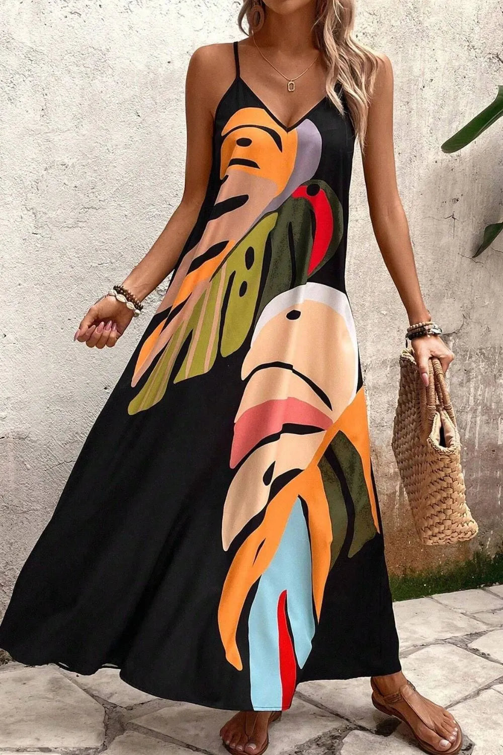 NEWYORKLISTED STYLE COLLECTION: Tropical Leaf Print V-Neck Maxi Cami Dress