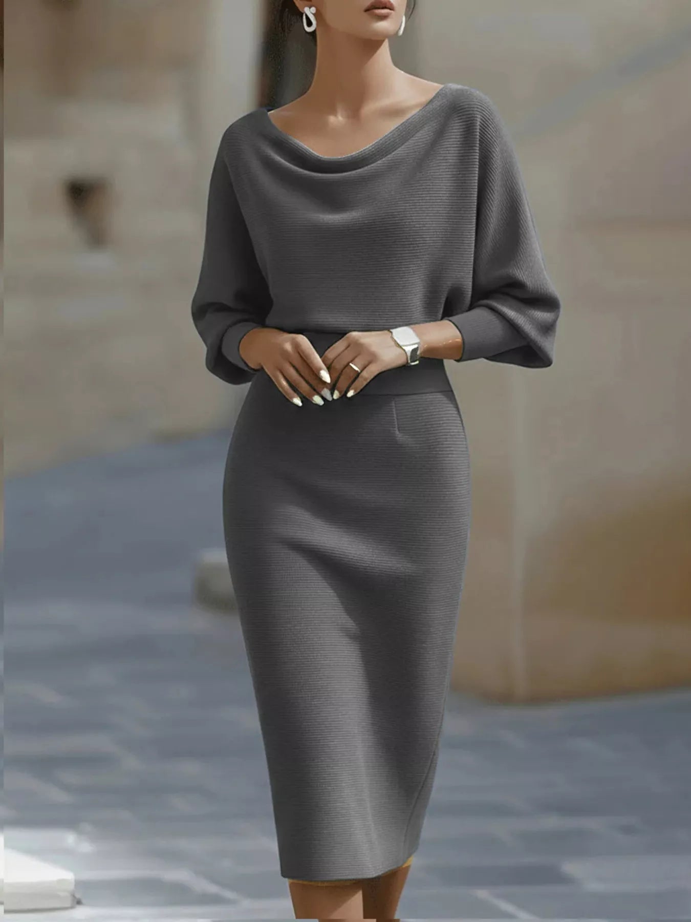NEWYORKLISTED STYLE COLLECTION: Woman wearing a gray dress standing against a neutral background