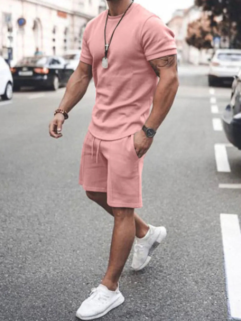 NEWYORKLISTED ATLAS MEN’S COLLECTION: Men’s Plus Size Round Neck Short Sleeve Top and Shorts Set – All-Day Comfort, Streamlined Style in Dusty Pink
