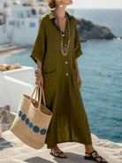 NEWYORKLISTED STYLE COLLECTION: Woman in an olive green outfit with a straw bag by the ocean