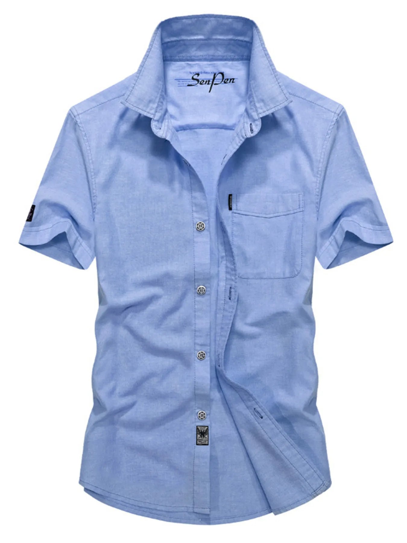 NEWYORKLISTED ATLAS MEN'S COLLECTION: Light blue short-sleeve button-up shirt on a white background