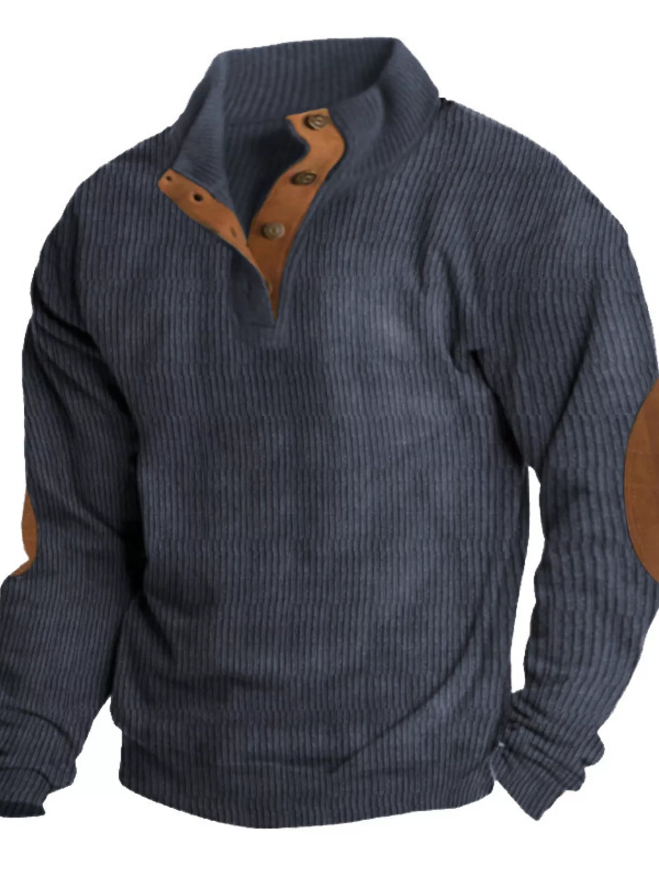NEWYORKLISTED ATLAS MEN's COLLECTION: Blue ribbed sweater with brown leather accents on a white background