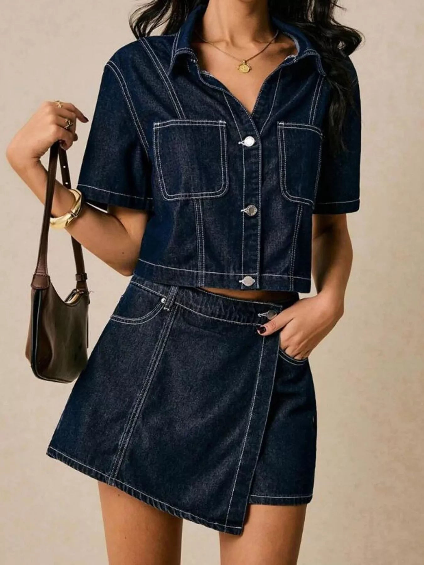Women's button up short sleeve denim top and skort two-piece outfit from NEWYORKLISTED STYLE COLLECTION