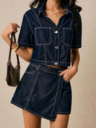 Women's button up short sleeve denim top and skort two-piece outfit from NEWYORKLISTED STYLE COLLECTION
