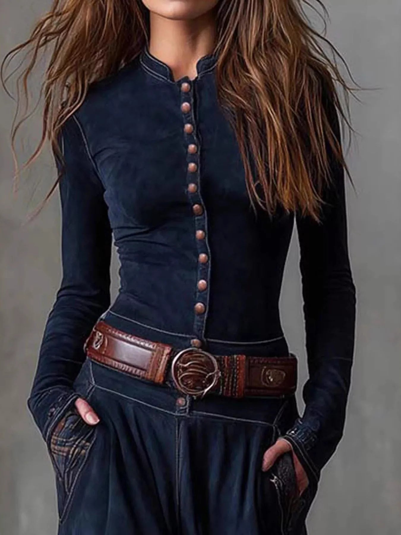NEWYORKLISTED Style Collection: Person wearing a dark blue long-sleeve top with button details and a brown belt against a gray background