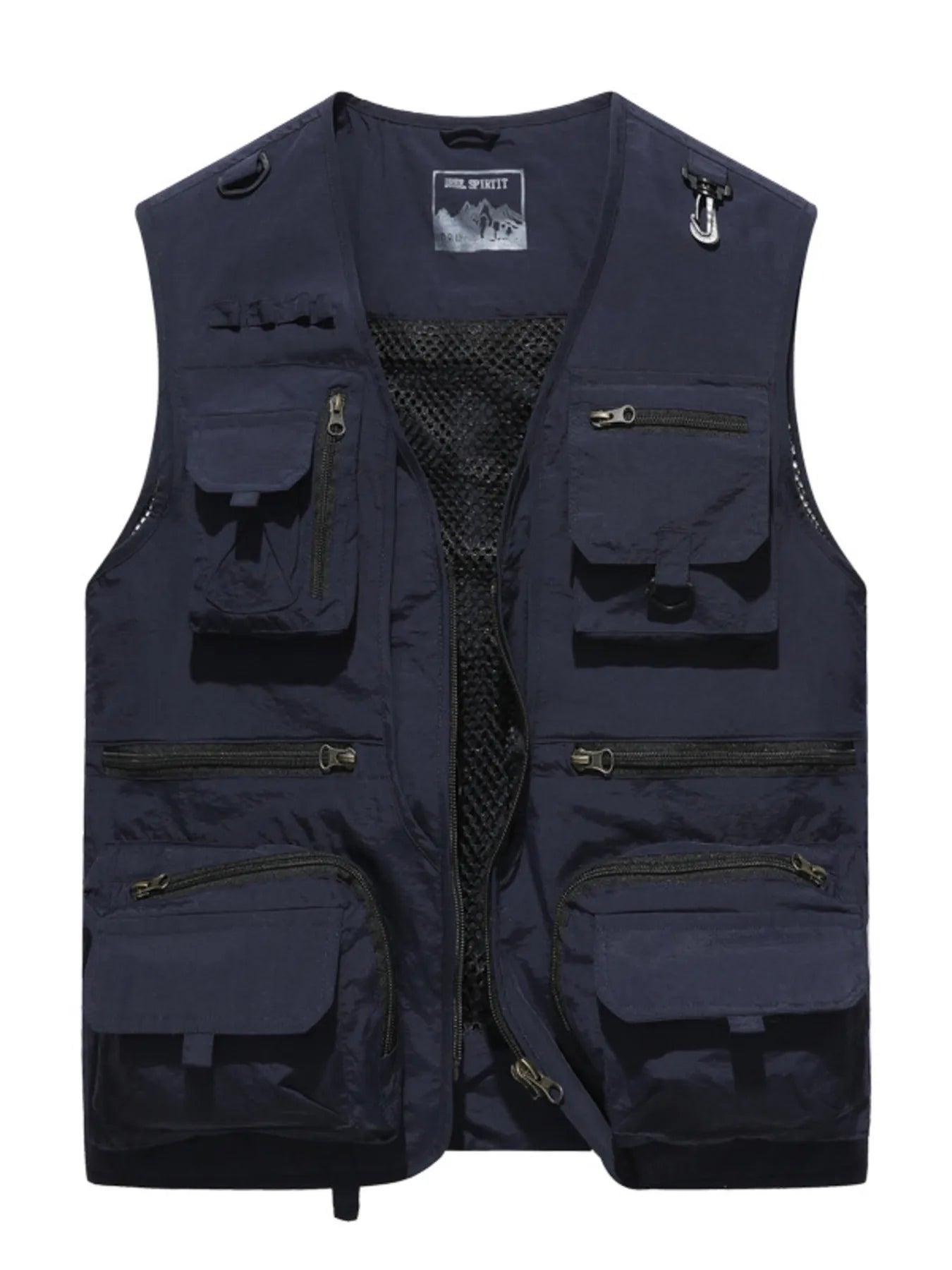 NEWYORKLISTED ATLAS MEN"S COLLECTION: Navy blue vest with multiple pockets and zippers on a white background