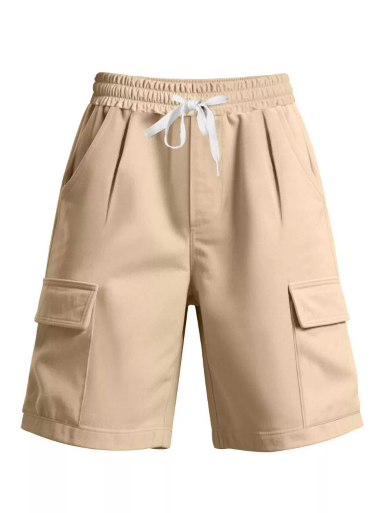 Beige cargo shorts with a drawstring on a white background