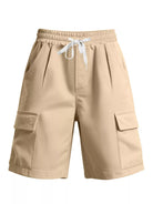 Beige cargo shorts with a drawstring on a white background