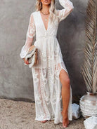 NEWYORKLISTED STYLE COLLECTION: Woman wearing a white lace dress with a gray background