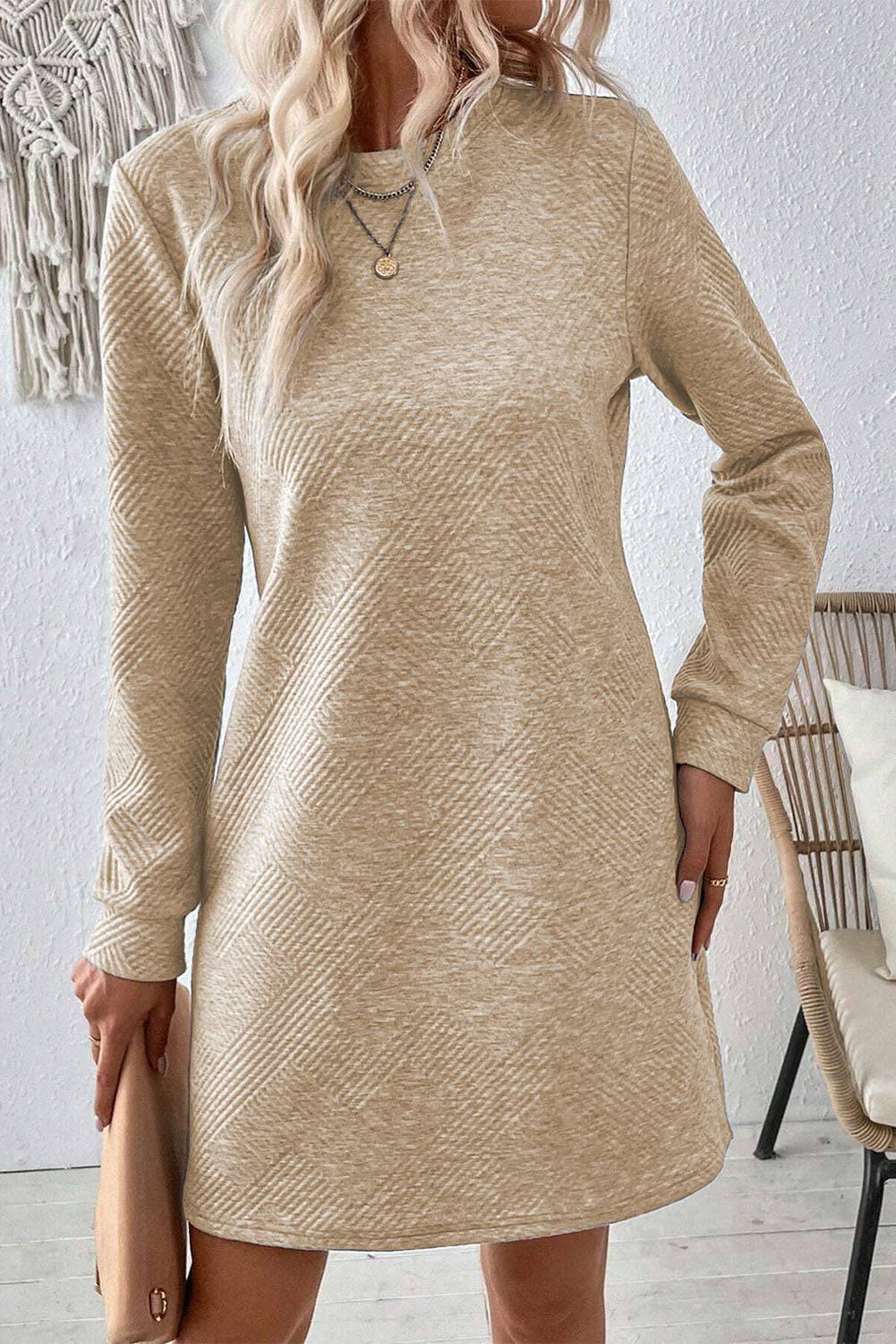 Textured Round Neck Long Sleeve Mini Dress - NEWYORKLISTED