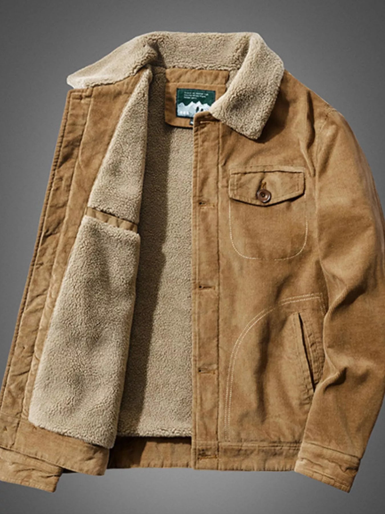 NEWYORKLISTED ATLAS MEN'S COLLECTION: Brown jacket with sherpa lining on a gray background