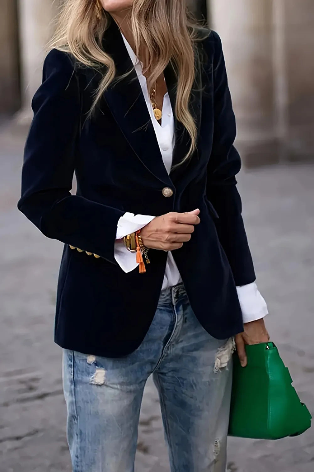 NEWYORKLISTED STYLE COLLECTION: One Button Lapel Collar Long Sleeve Blazer in Black Forest 