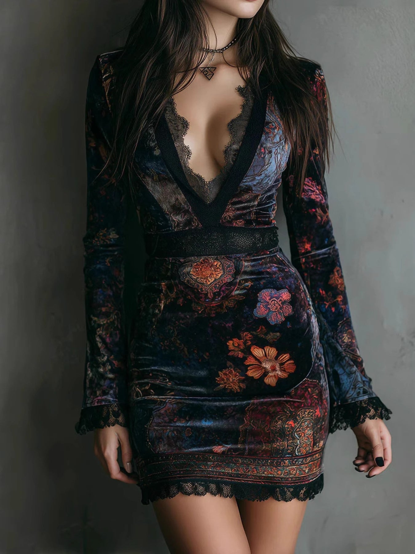 NEWYORKLISTED STYLE COLLECTION: Woman wearing a patterned dress against a plain background