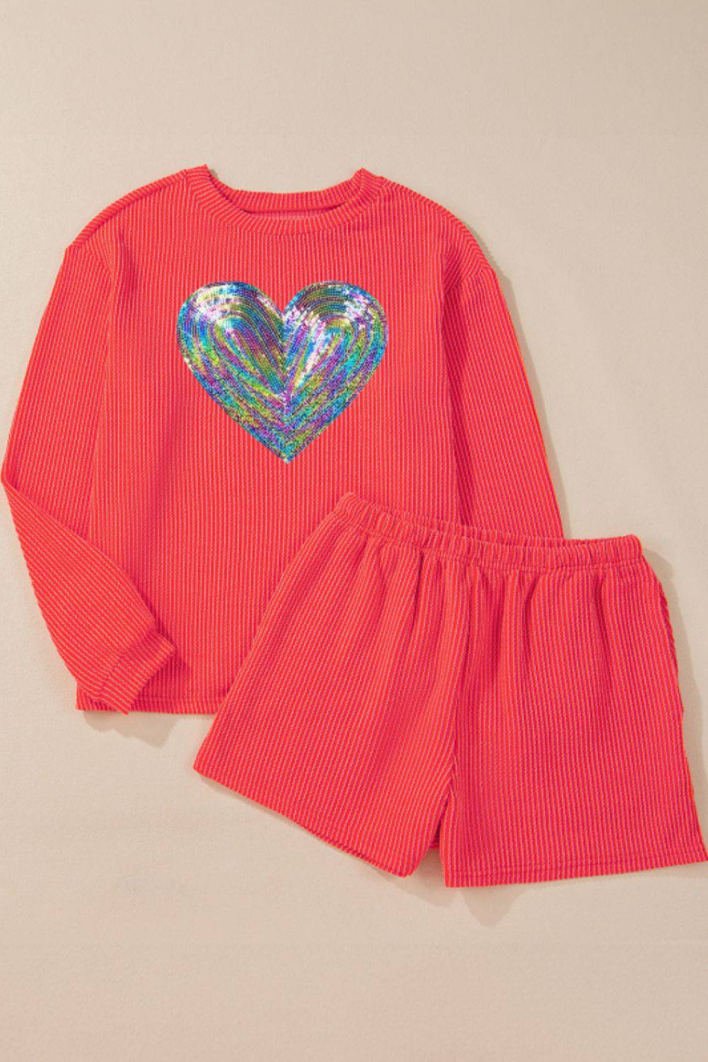 NEWYORKLISTED STYLE COLLECTION: Sequin Heart Long Sleeve Top and Shorts Set - NEWYORKLISTED