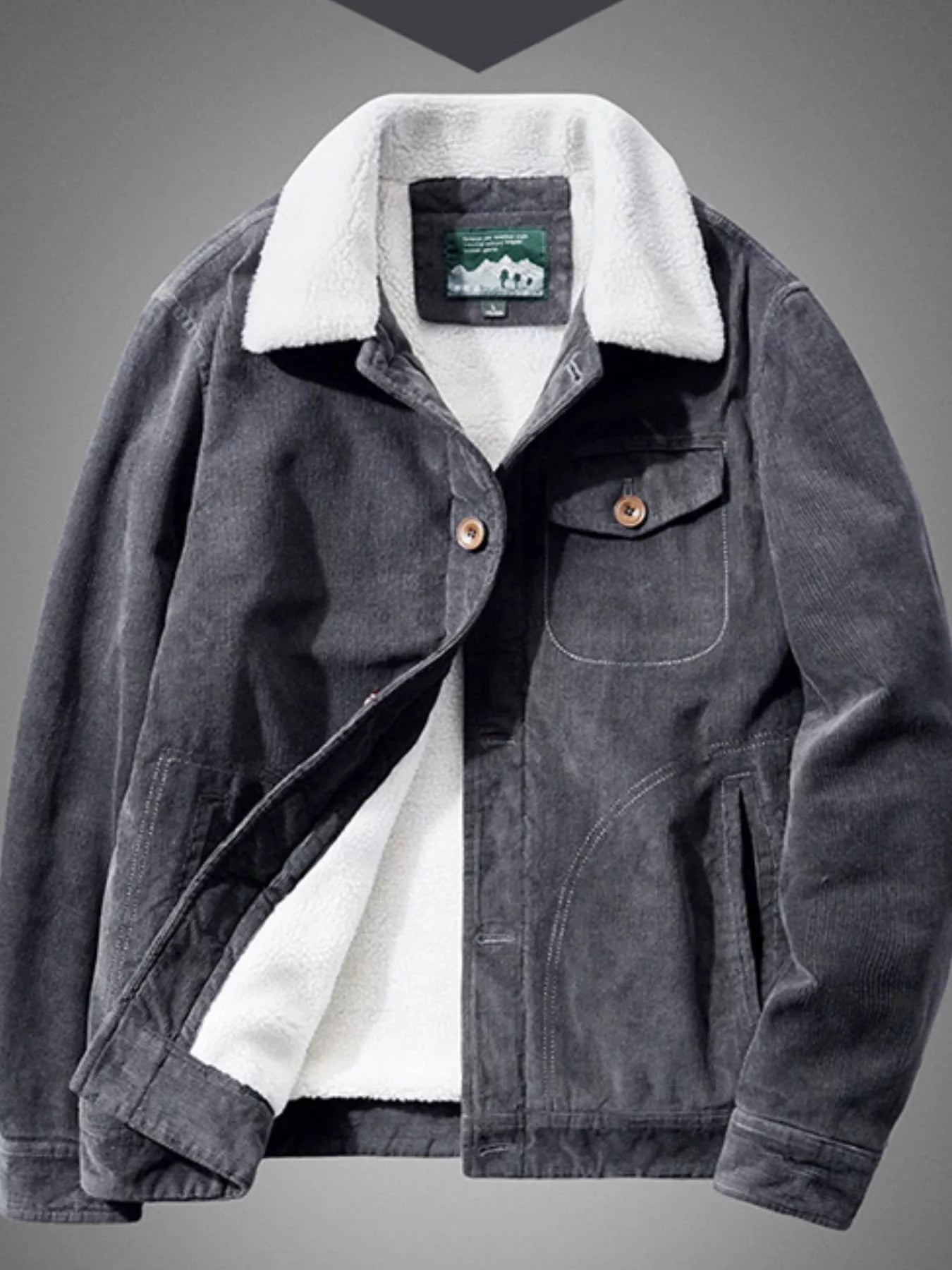 NEWYORKLISTED ATLAS MEN'S COLLECTION: Gray jacket with white lining and brand tag on a gray background