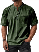 NEWYORKLISTED ATLAS MEN'S COLLECTION: Green short-sleeve henley shirt worn by a person on a white background
