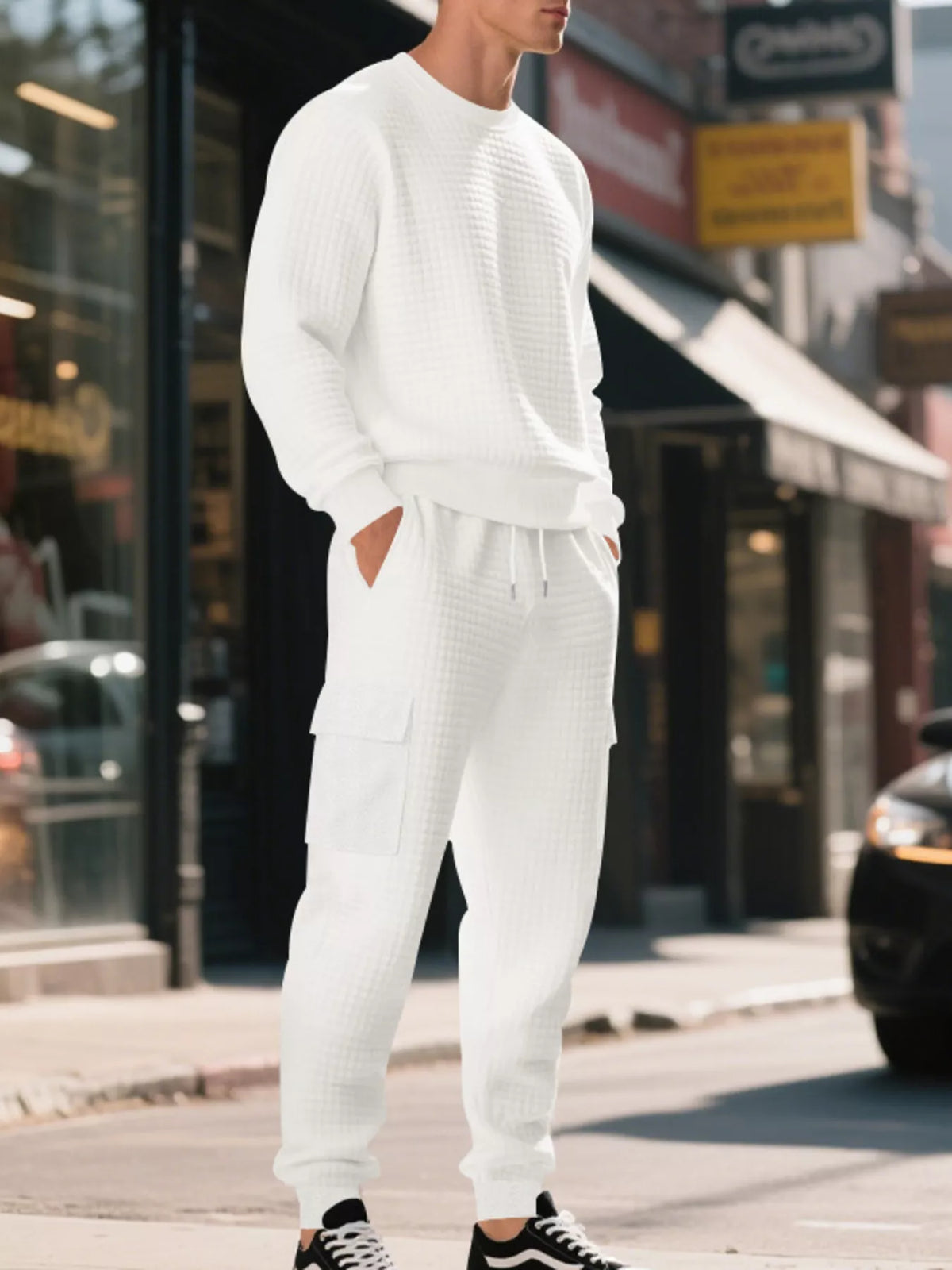 NEWYORKLISTED ATLAS MEN'S COLLECTION: A man wearing a white textured waffle-knit sweatshirt and matching cargo jogger pants, standing on a city street.