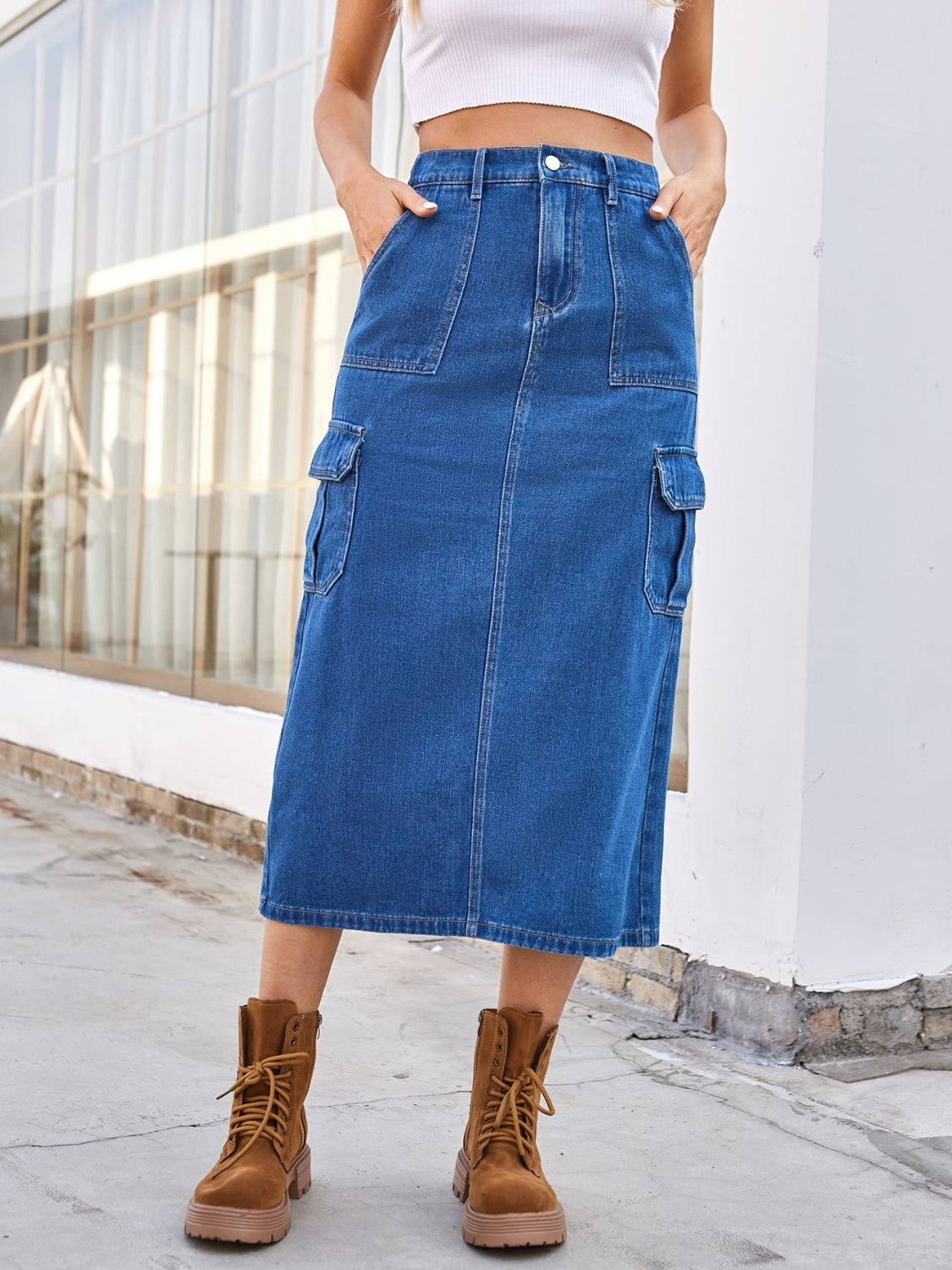 Slit Midi Denim Skirt with Pockets - NEWYORKLISTED
