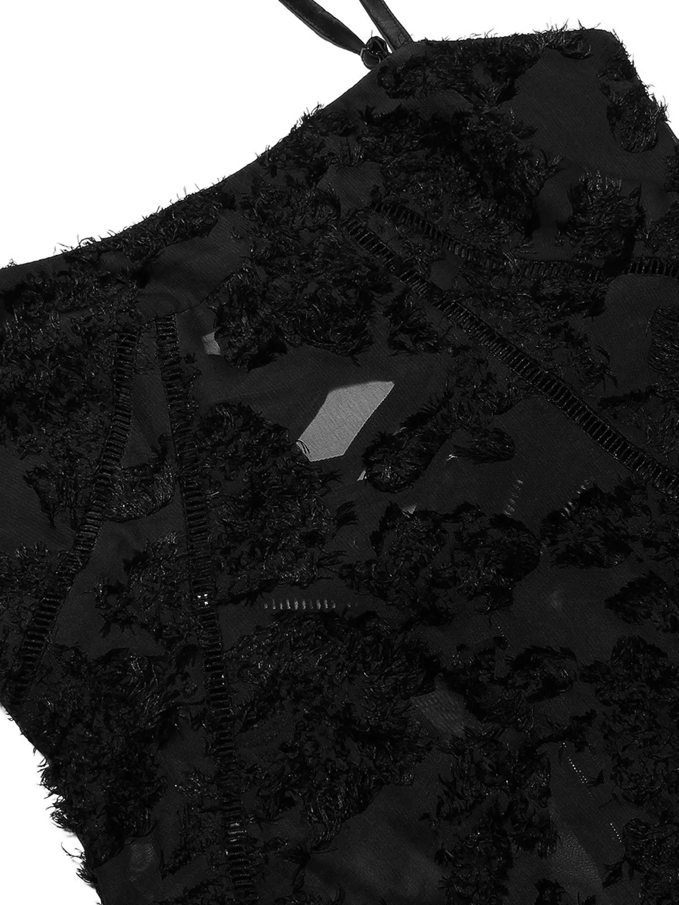 NEWYORKLISTED STYLE COLLECTION: Close-up of a textured black fabric with a brand logo.