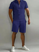 NEWYORKLISTED ATLAS MEN's COLLECTION: Person wearing a blue outfit with a polo shirt and shorts on a gray background