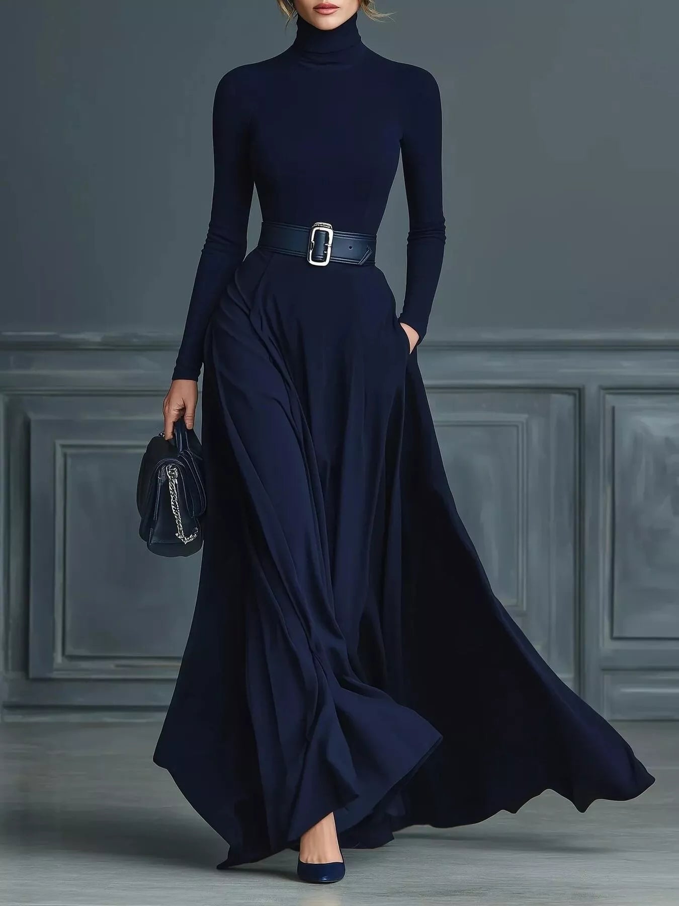NEWYORKLISTED STYLE COLLECTION: Turtleneck Long Sleeve Maxi Dress