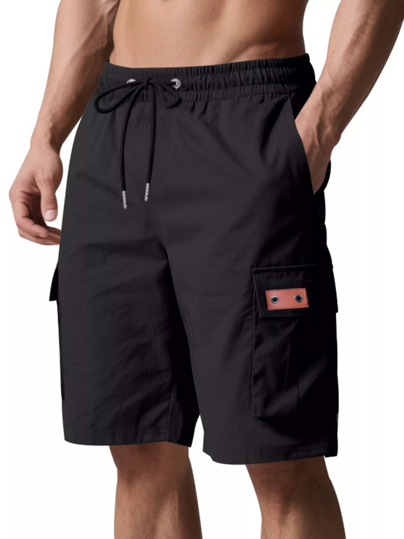 NEWYORKLISTED ATLAS MEN'S COLLECTION: Black cargo shorts with a pocket detail on a white background