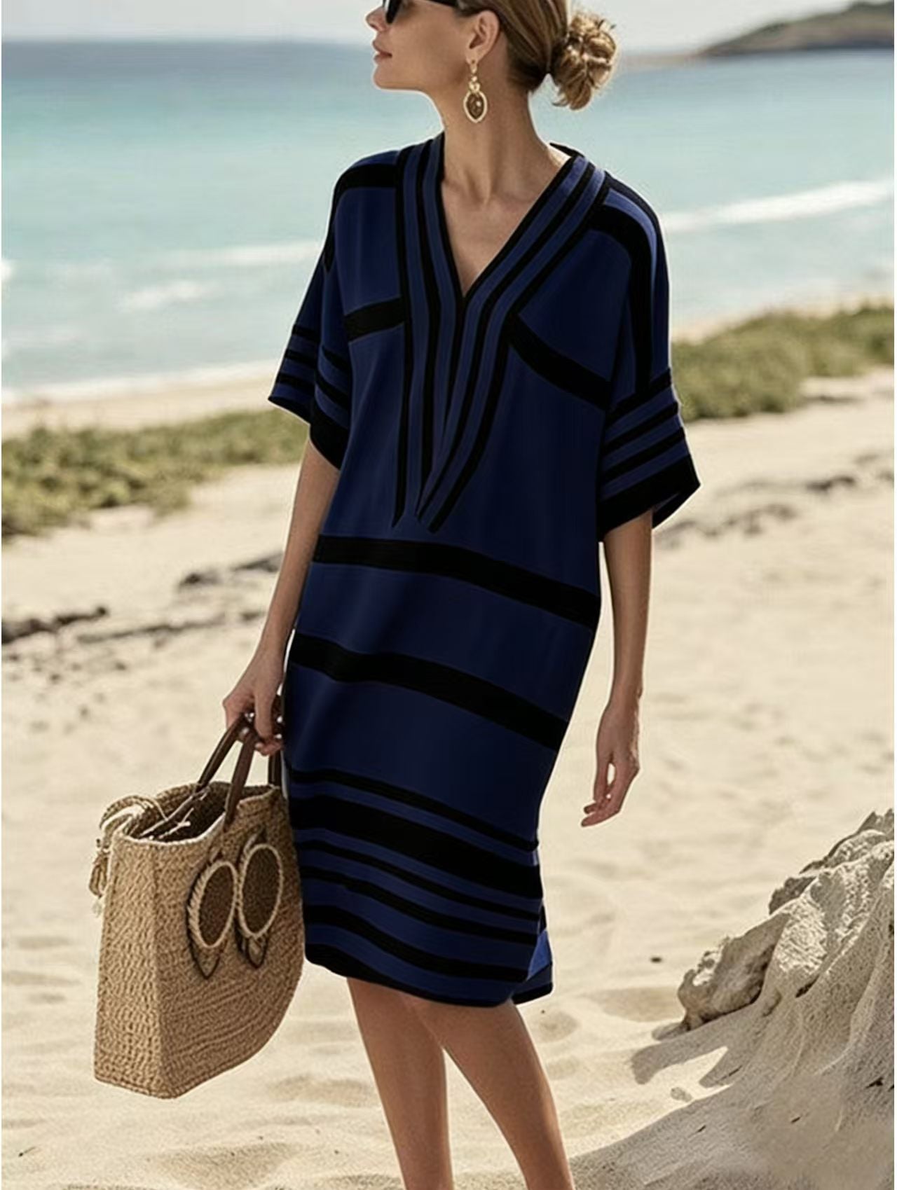 NEWYORKLISTED STYLE COLLECTION: Woman in a blue and black striped dress holding a straw bag on a beach.