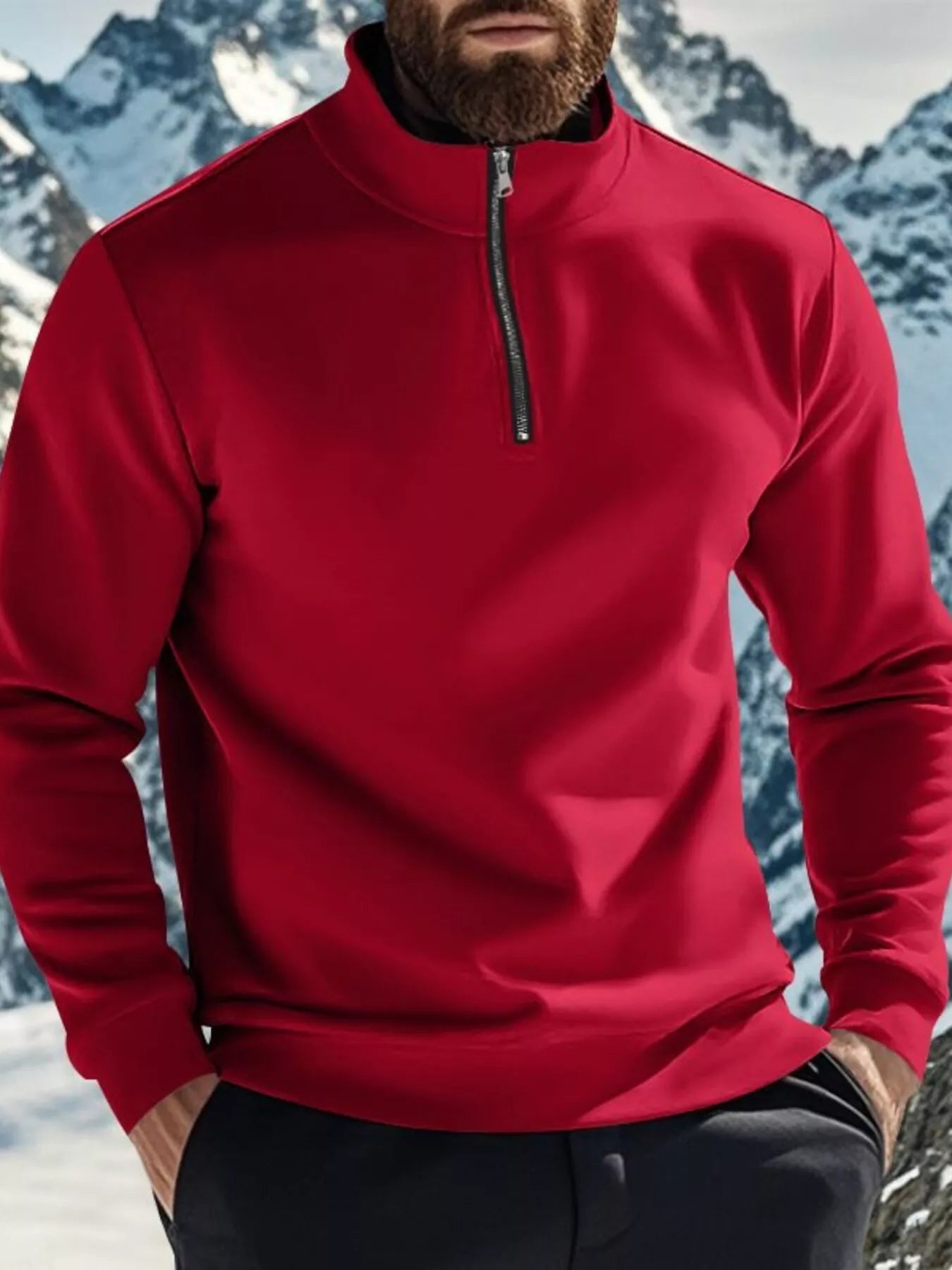 NEWYORKLISTED ATLAS MEN'S COLLECTION: Person wearing a red pullover with a mountainous background