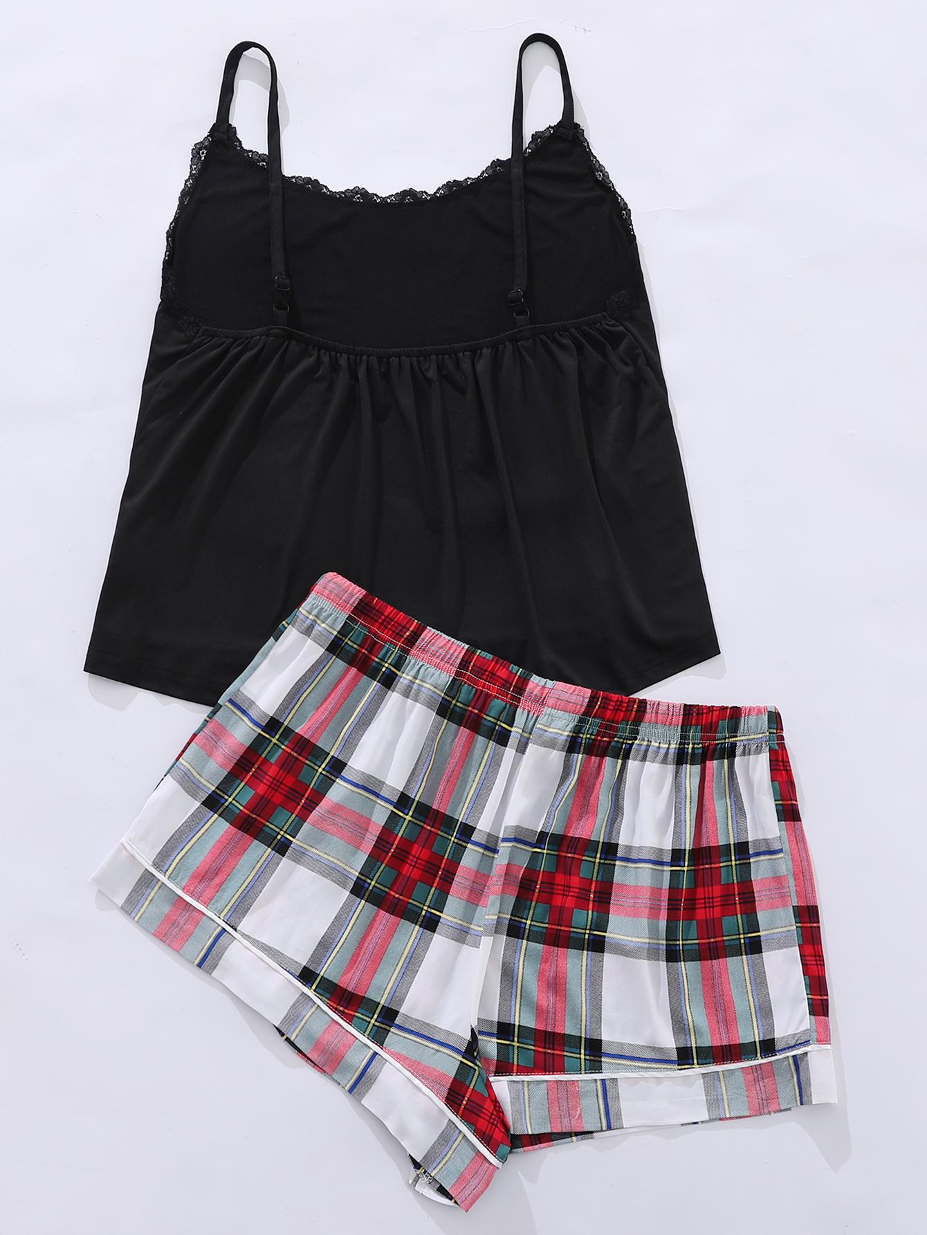 NEWYORKLISTED Intimate Apparel: Black lace camisole and plaid shorts set on a white background